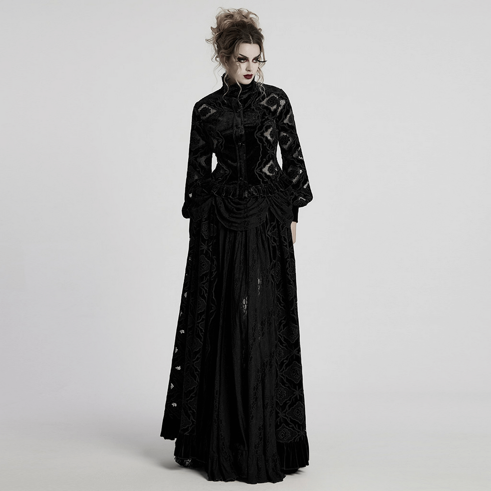 Gothic velvet blouse with lace-up back, embroidered details, and ruffled hem, perfect for dark romance styles.