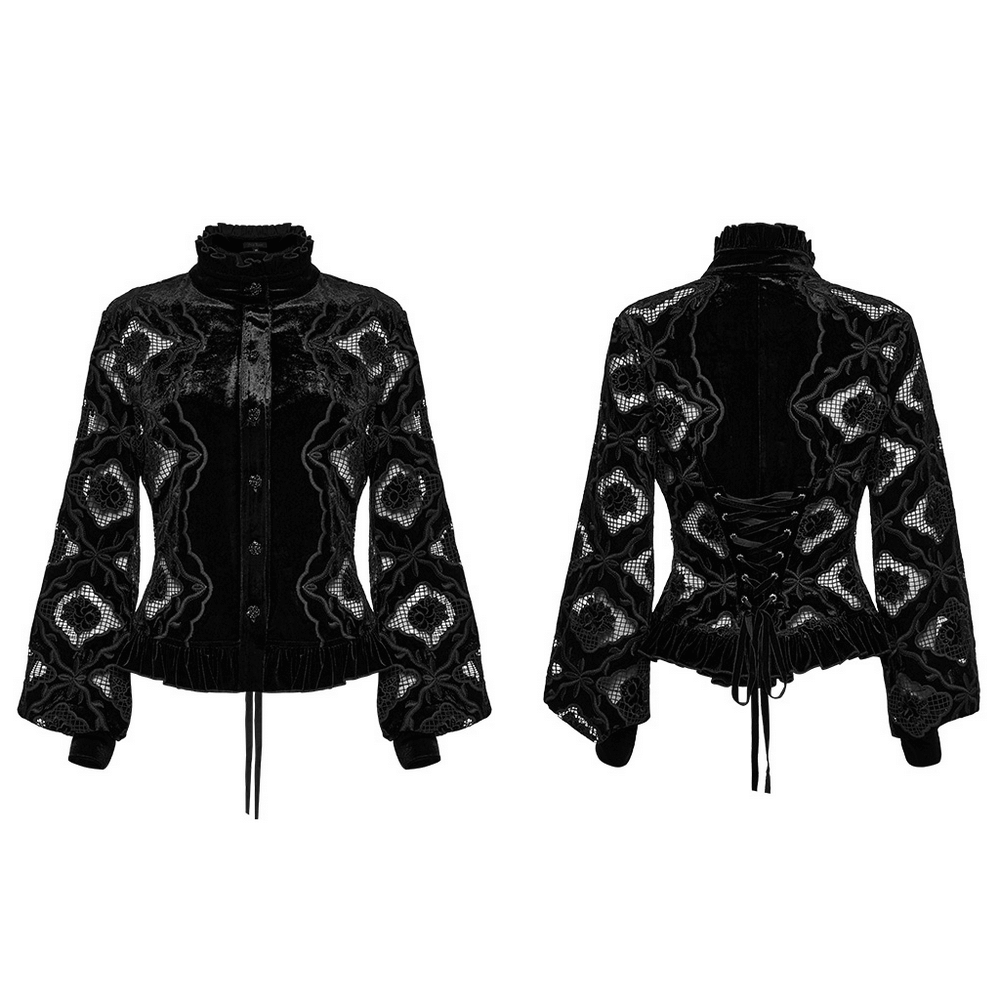 Gothic velvet blouse with embroidery and lace-up back, featuring ruffled hem and elegant floral cutouts.