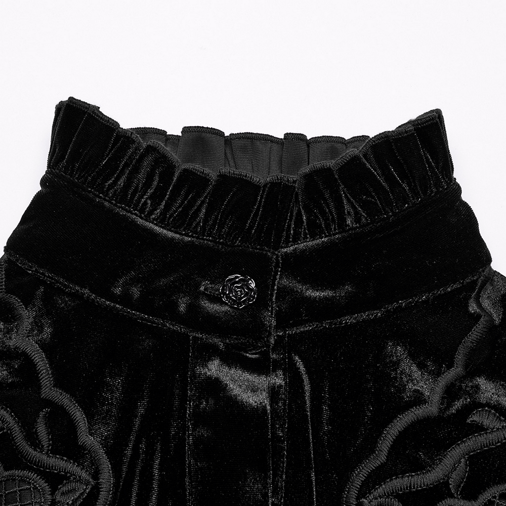 Gothic velvet blouse collar with ruffled hem and rose button, showcasing intricate embroidery detailing.