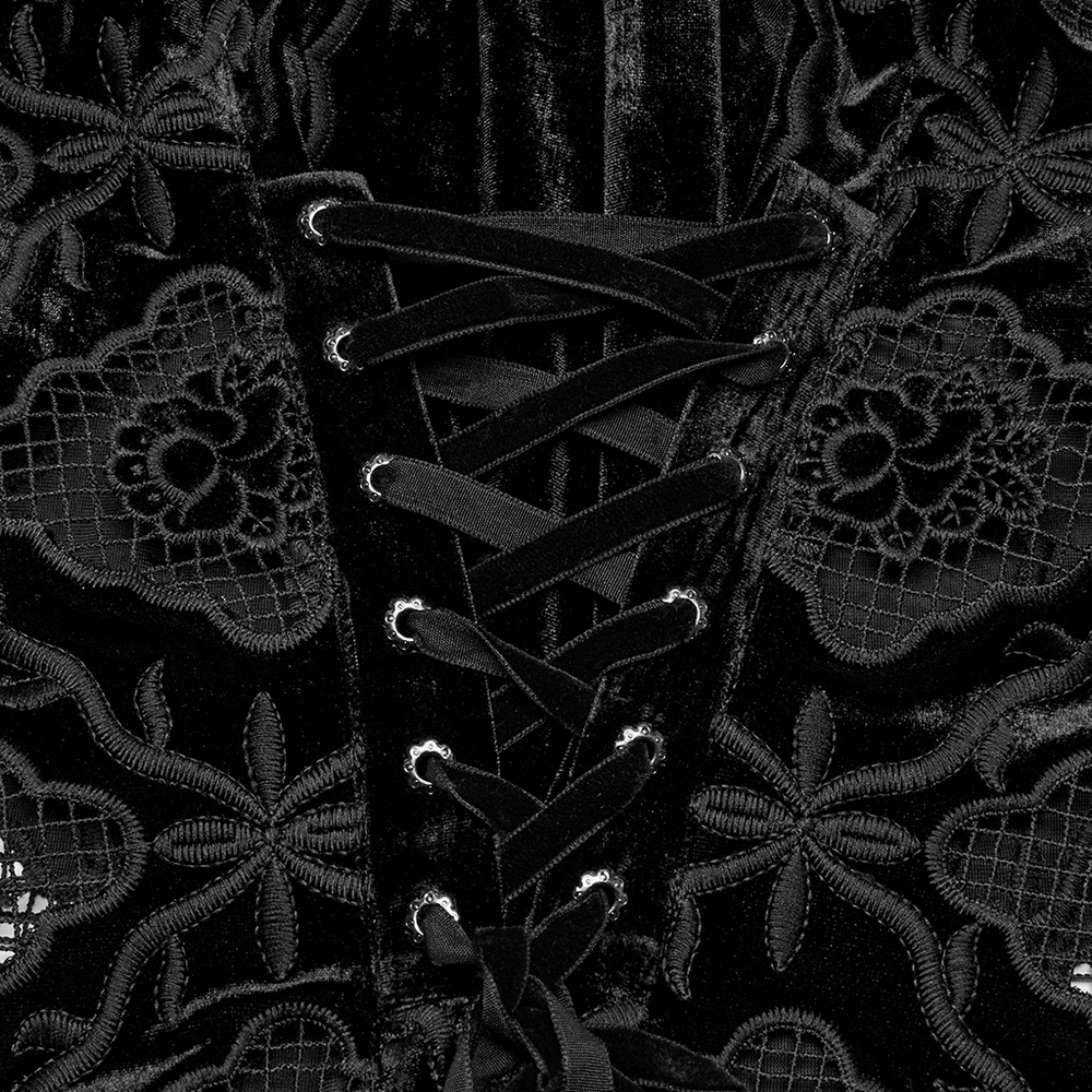 Close-up of the gothic velvet blouse's lace-up back and intricate floral embroidery details.