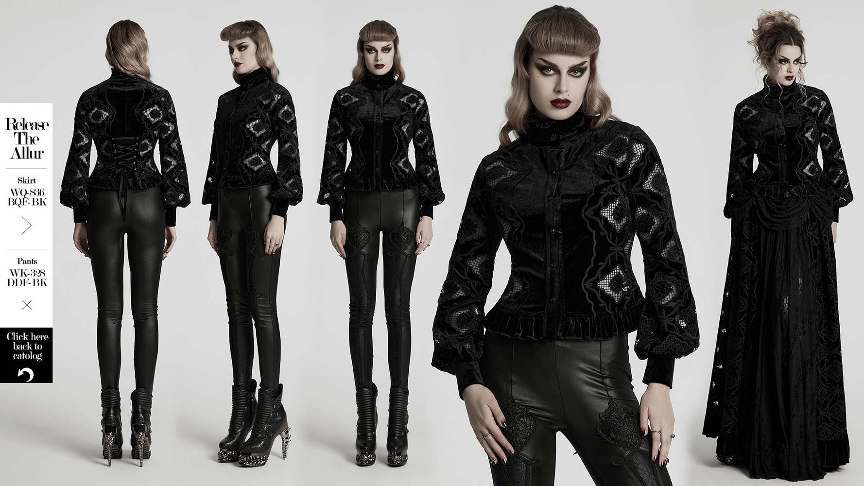 Gothic velvet blouse with embroidery, lace-up back, and ruffled hem paired with dark leggings for an enchanting look.