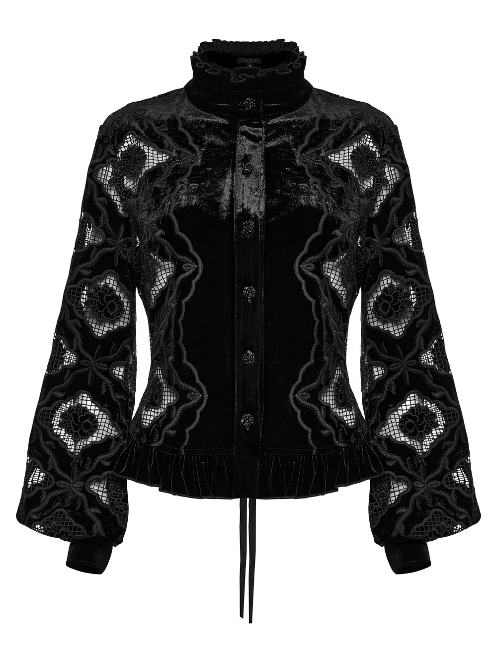 Elegant gothic velvet blouse featuring intricate embroidery and lace-up back, perfect for dark romance.