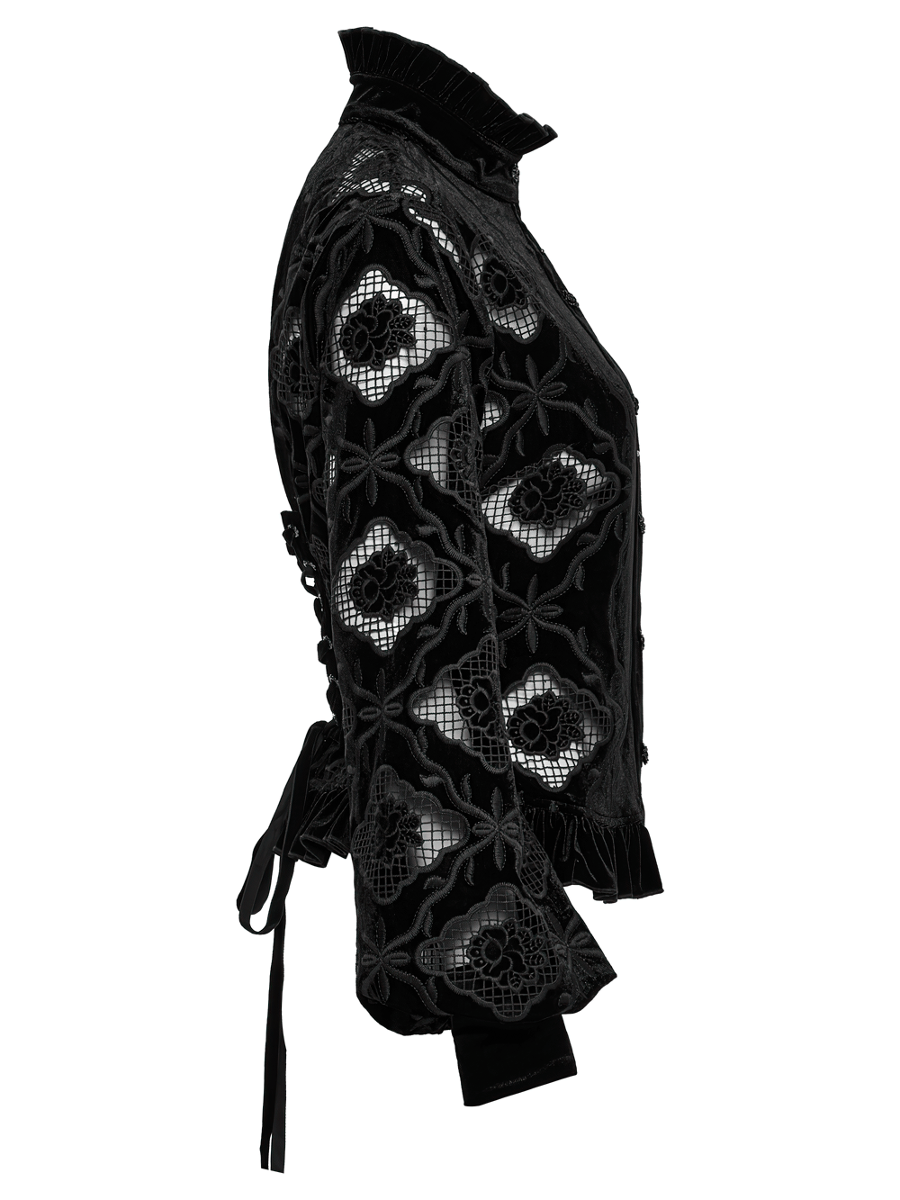 Gothic velvet blouse featuring intricate embroidery, lace-up back, and ruffled hem for a dark romantic look.