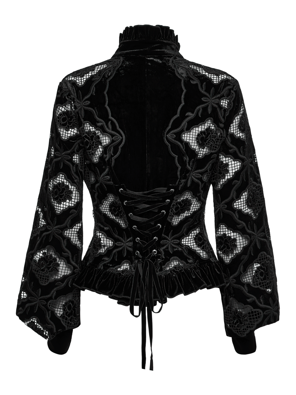 Lace-up back view of gothic velvet blouse with embroidered floral detail and ruffled hem, perfect for dark romance.