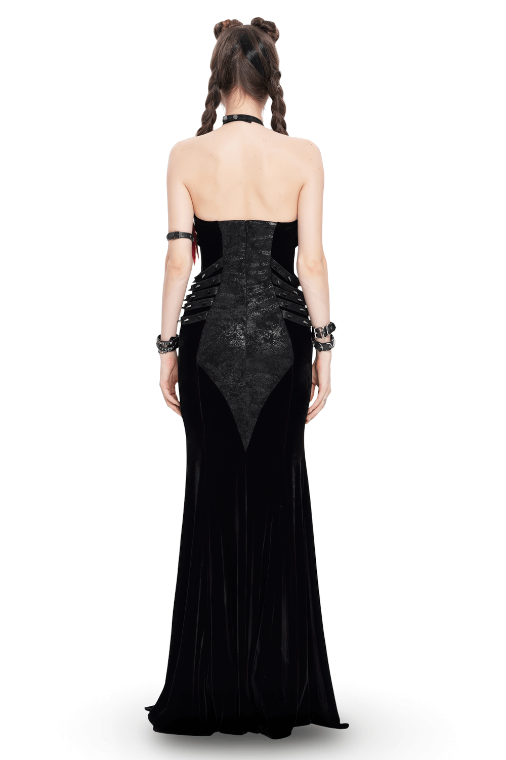 Back view of gothic velvet chain maxi dress with halter neckline, showcasing faux leather straps and a slim-fit silhouette.