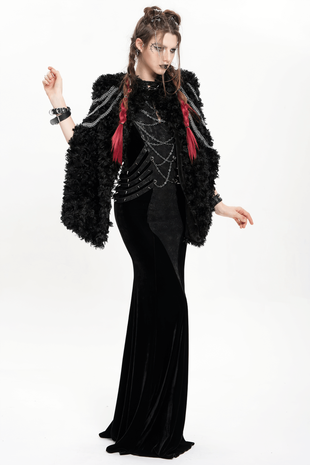 Gothic velvet maxi dress with halter neckline, featuring chain details and faux leather accents, perfect for alternative fashion.