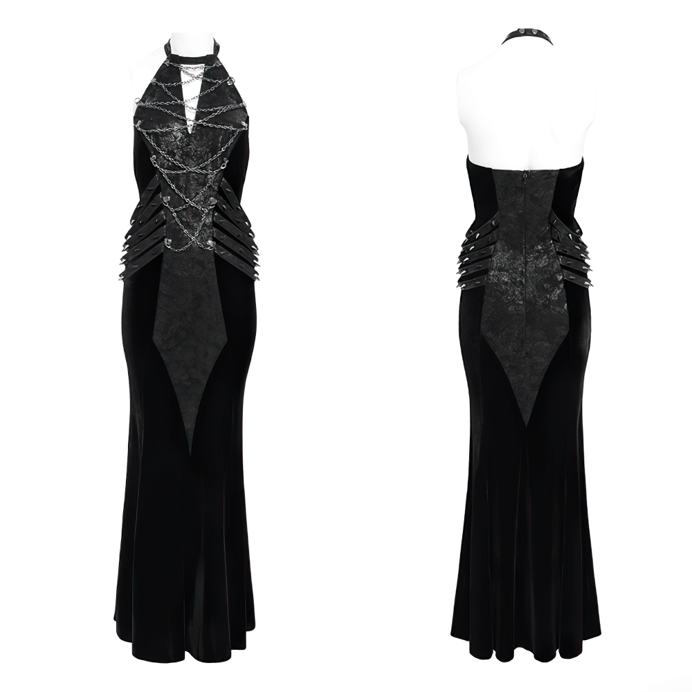 Gothic velvet maxi dress with halter neck, layered chains, and faux leather accents, perfect for dark alternative evening wear.