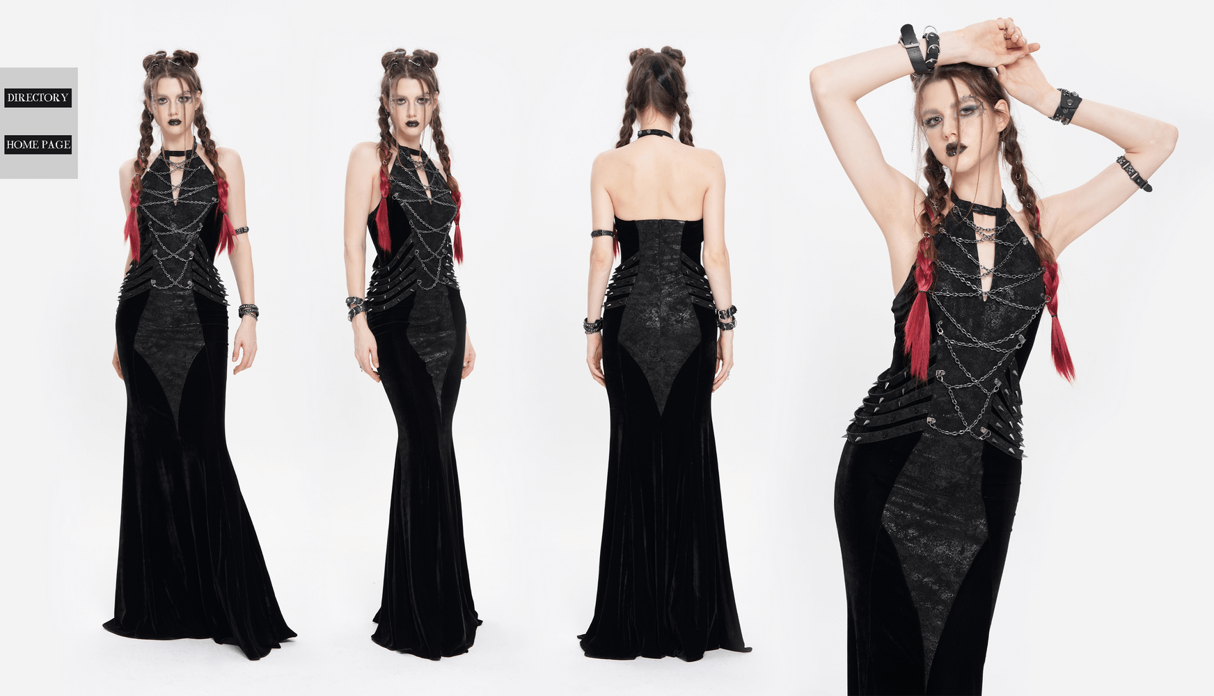 Gothic velvet chain maxi dress with halter neckline, faux leather straps, and dramatic floor length for dark alternative fashion.