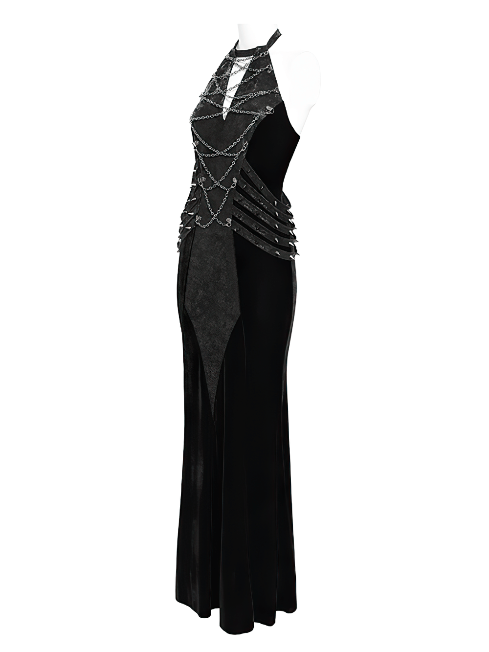 Gothic velvet chain maxi dress with halter neckline, showcasing faux leather straps and layered chains.