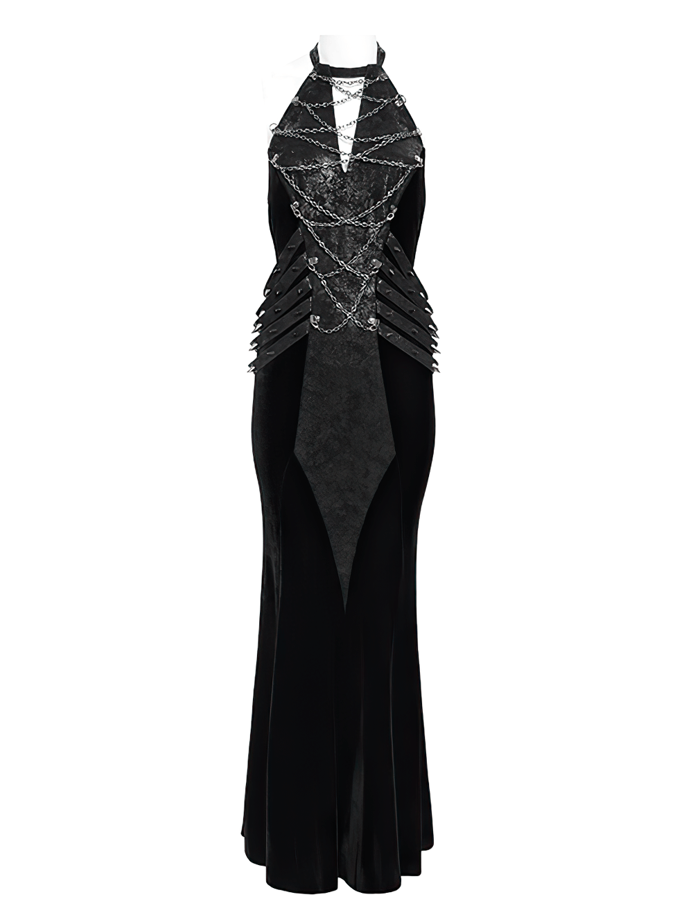Gothic velvet maxi dress with halter neckline, layered chains, and faux leather accents for dark alternative fashion.