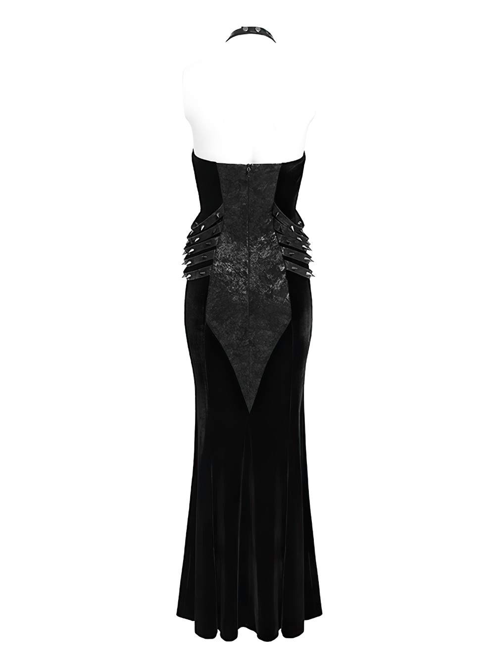 Back view of Gothic Velvet Chain Maxi Dress showcasing halter neckline and faux leather strap accents.