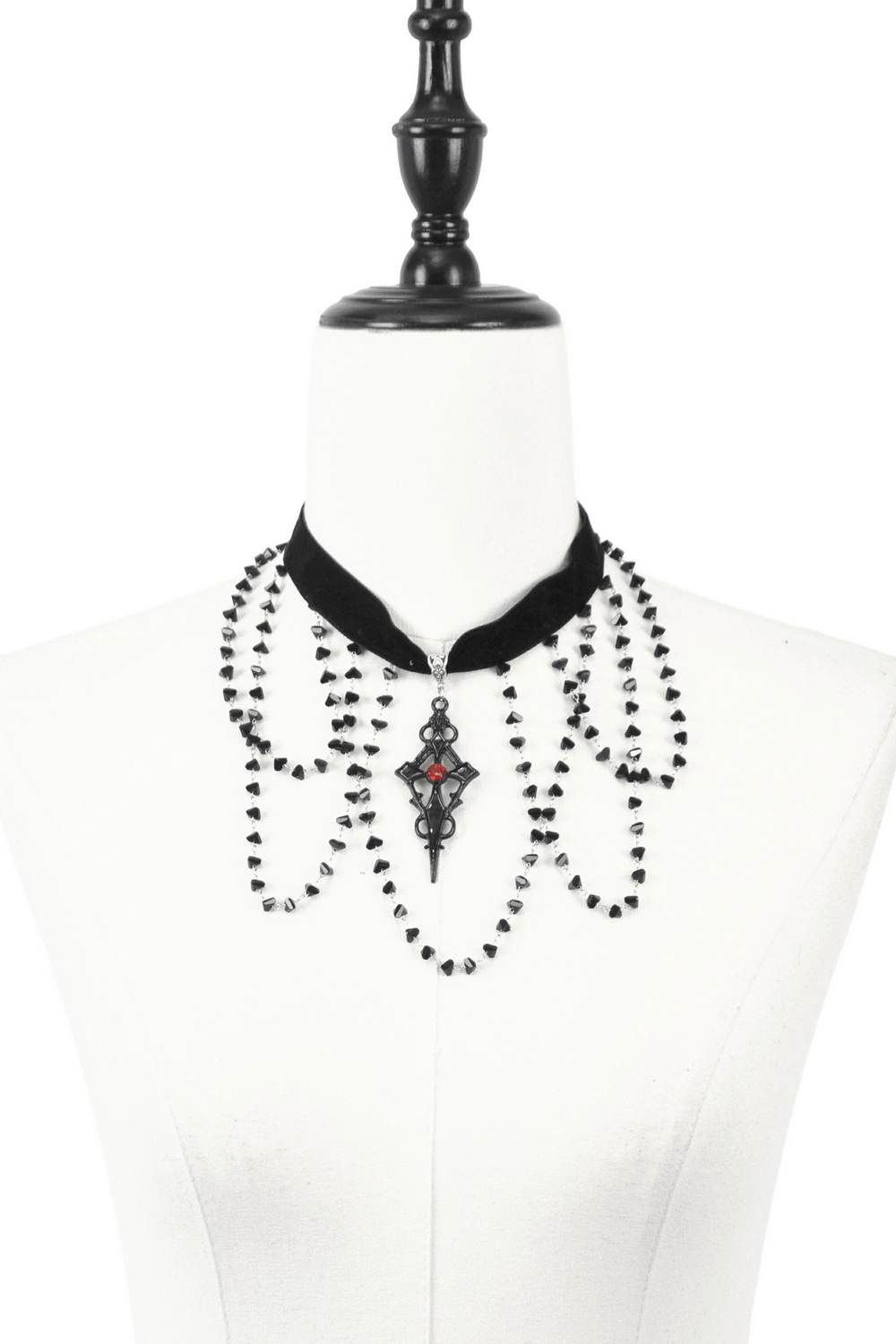 Gothic velvet choker with layered black lace beads and ornate cross pendant for a dramatic vintage look.
