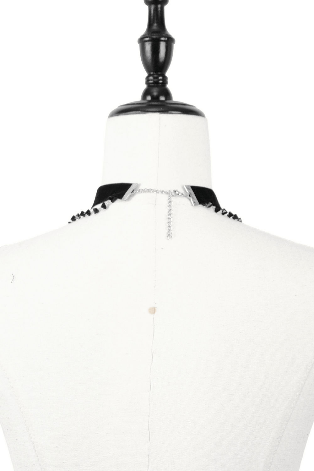 Back view of a Gothic Velvet Choker with layered beads and adjustable clasp for a secure fit.