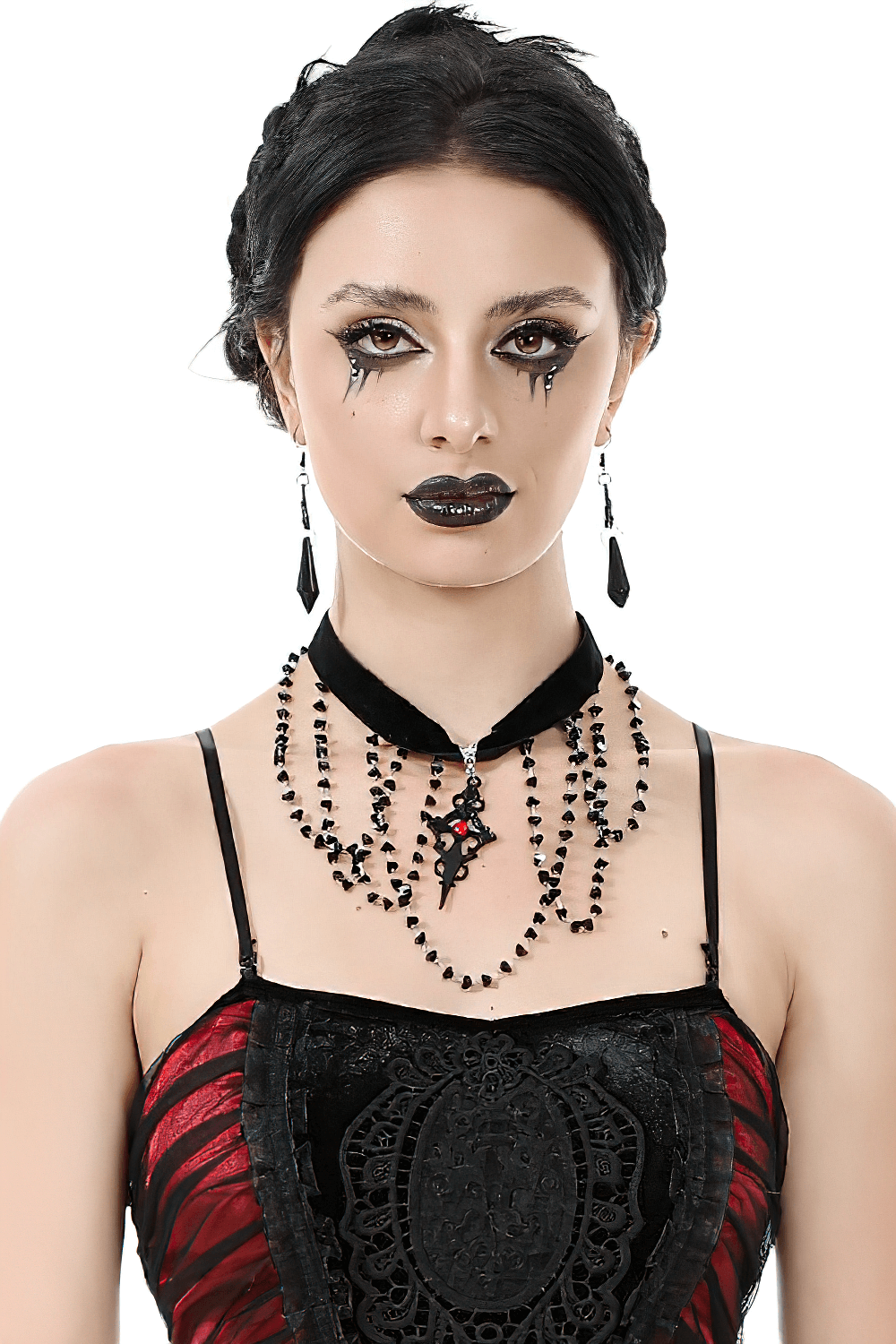 Gothic velvet choker with layered black lace beads and an ornate cross pendant, perfect for alternative fashion.