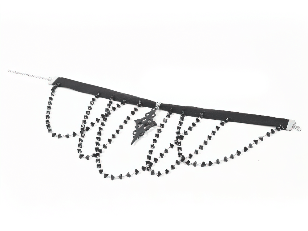 Gothic velvet choker necklace with layered black lace beads and ornate cross pendant for dramatic Victorian style.