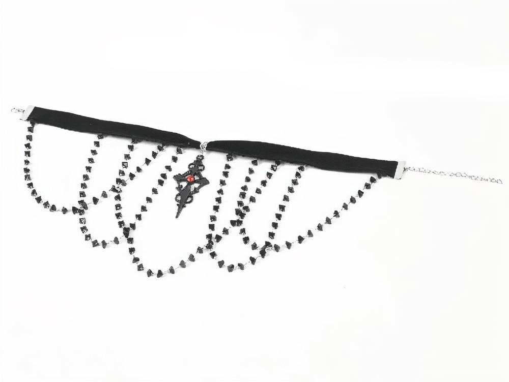 Gothic velvet choker with layered black lace beads and ornate cross pendant, perfect for Victorian-inspired outfits.