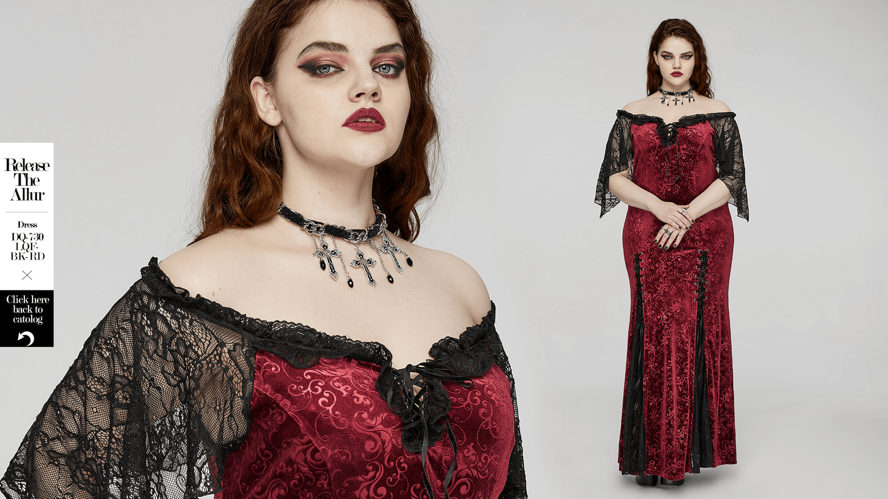Gothic model in a stunning red and black lace evening gown, showcasing elegance and dark romantic style.