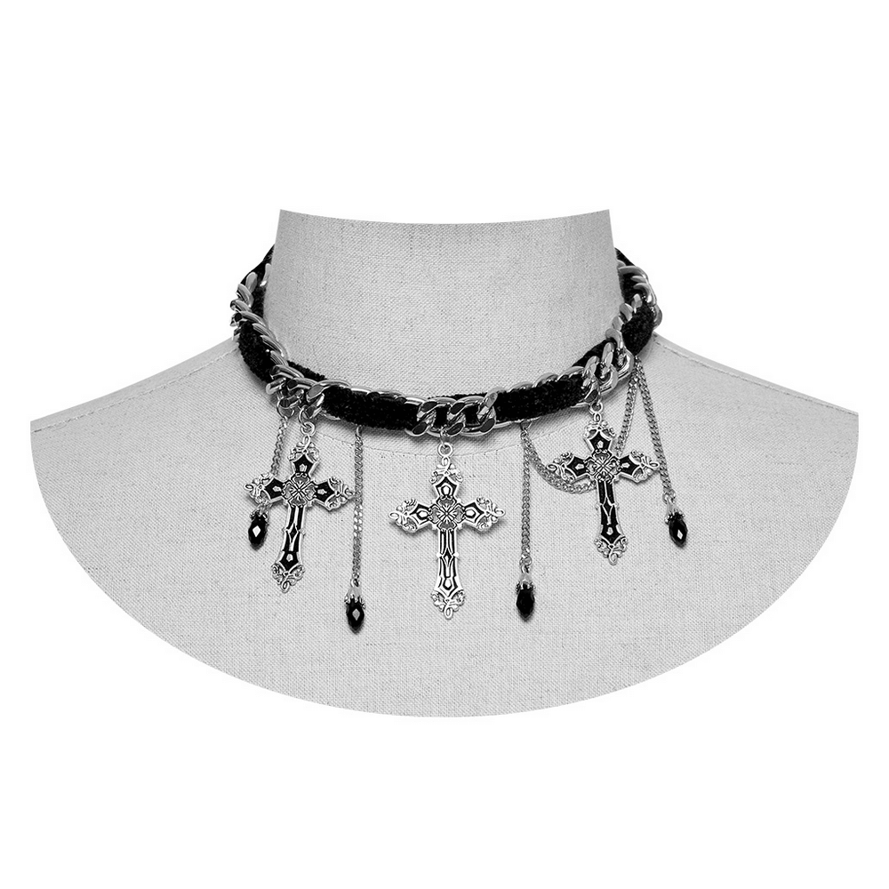 Gothic velvet choker necklace with alloy cross pendants and chain tassels, perfect for dark elegance.