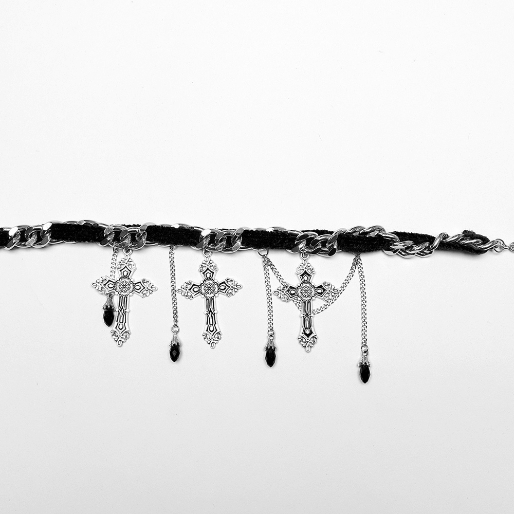 Gothic velvet choker with alloy cross pendants and chain tassels, showcasing a dark elegance.