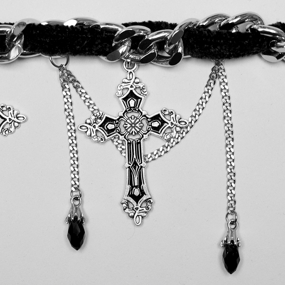 Gothic velvet choker with alloy cross pendant and chain tassels, embodying dark elegance and mystique.