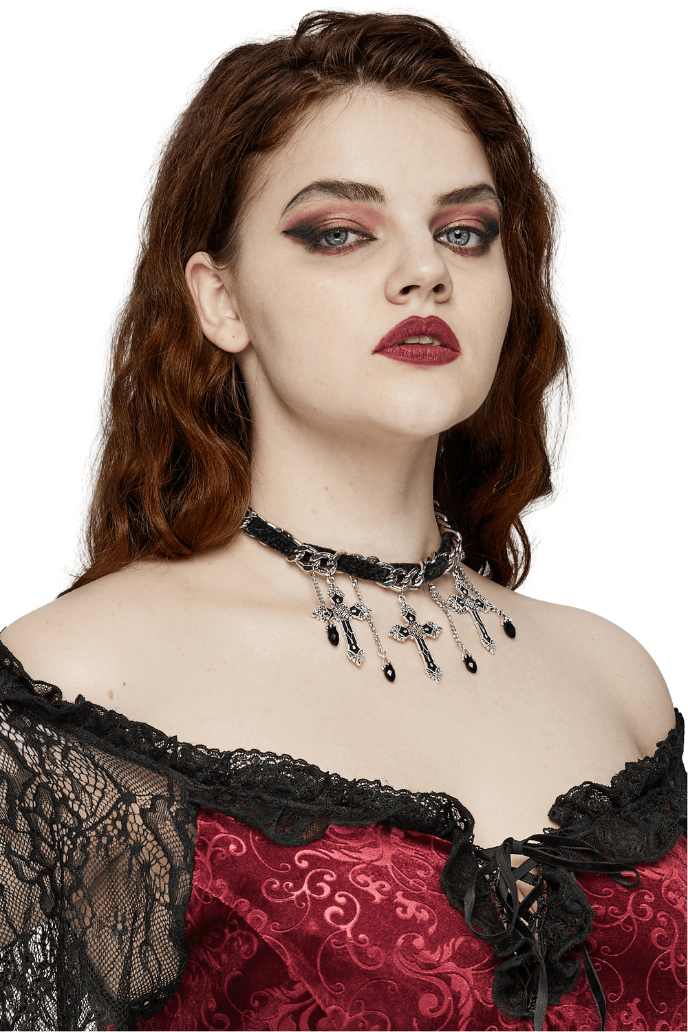 Model showcasing Gothic Velvet Choker with Alloy Cross Pendants and chain tassels, exuding dark elegance.