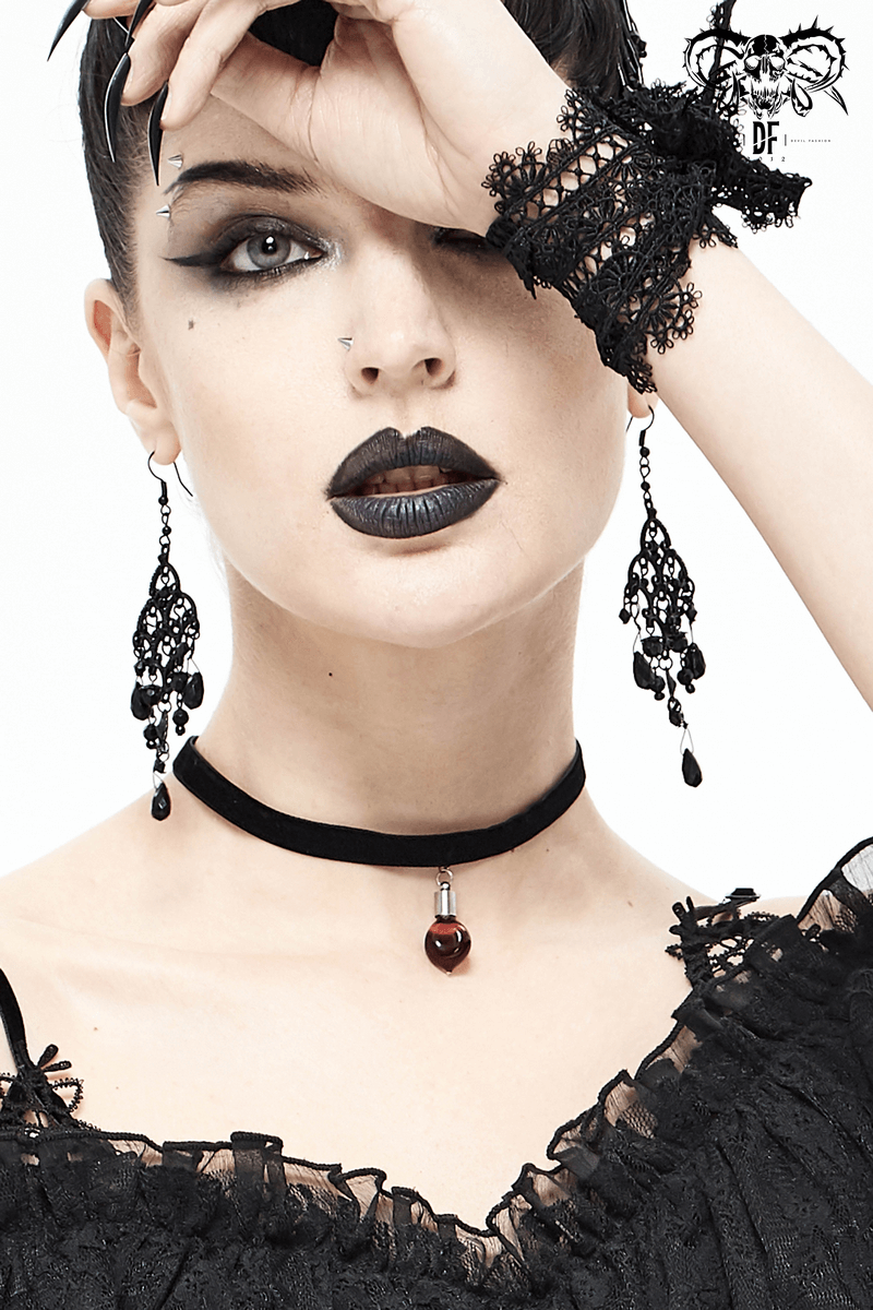 Gothic Velvet Choker With Red Stone / Women's Black Choker with Pendant / Female Accessories - HARD'N'HEAVY