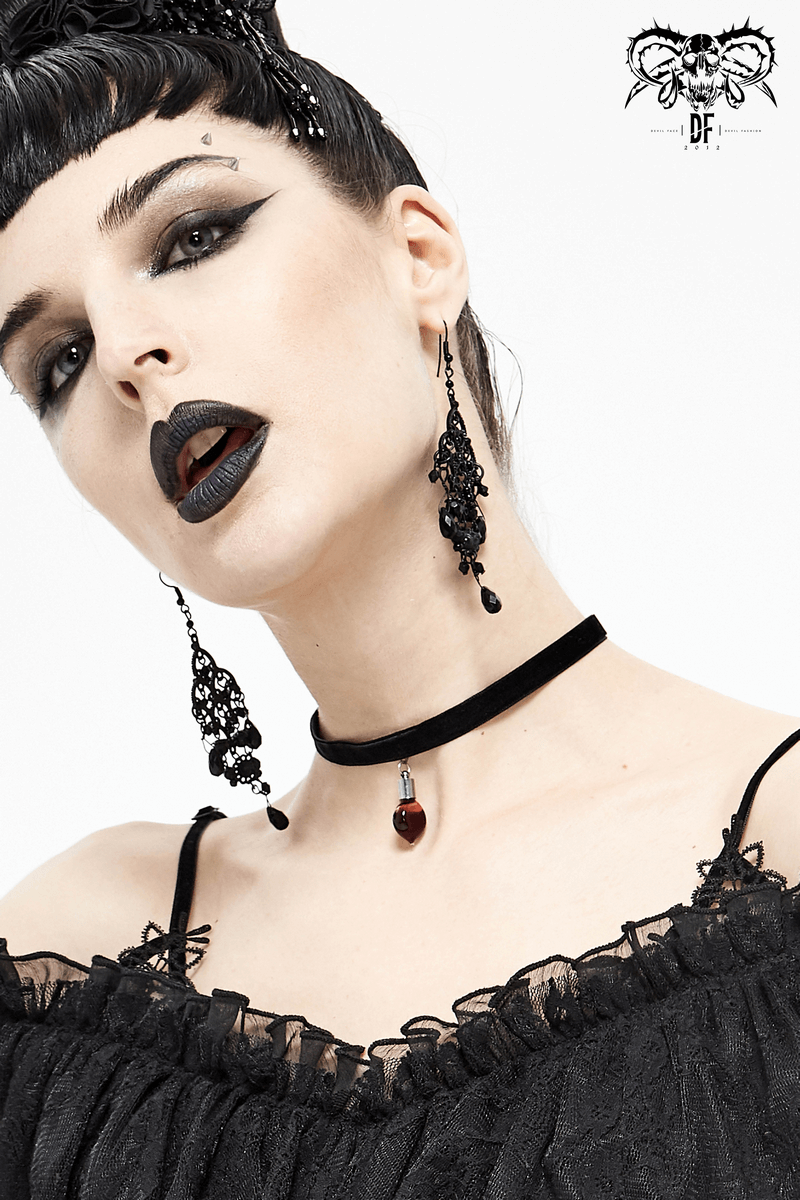 Gothic Velvet Choker With Red Stone / Women's Black Choker with Pendant / Female Accessories - HARD'N'HEAVY