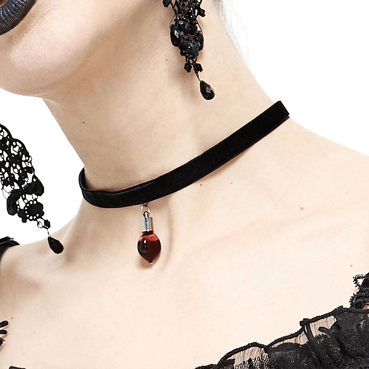 Gothic Velvet Choker With Red Stone / Women's Black Choker with Pendant / Female Accessories - HARD'N'HEAVY