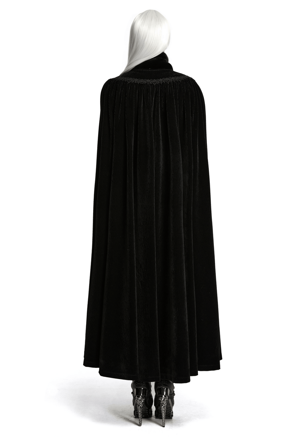 Back view of a model wearing a Gothic Velvet Cloak with Wool Collar and Lace Trim, showcasing its elegant design.