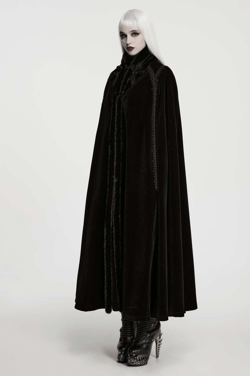 Gothic Velvet Cloak with Wool Collar and Lace Trim elegantly displayed on a model in a stylish pose.