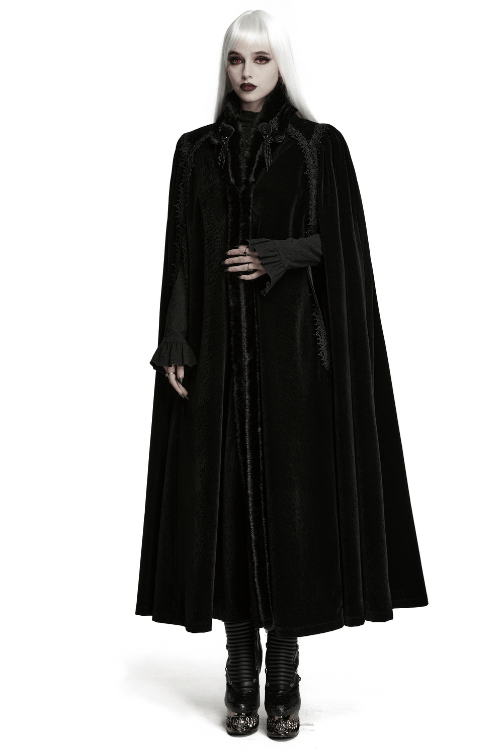 Gothic Velvet Cloak with Wool Collar and Lace Trim showcased on a model with striking features and black hair.