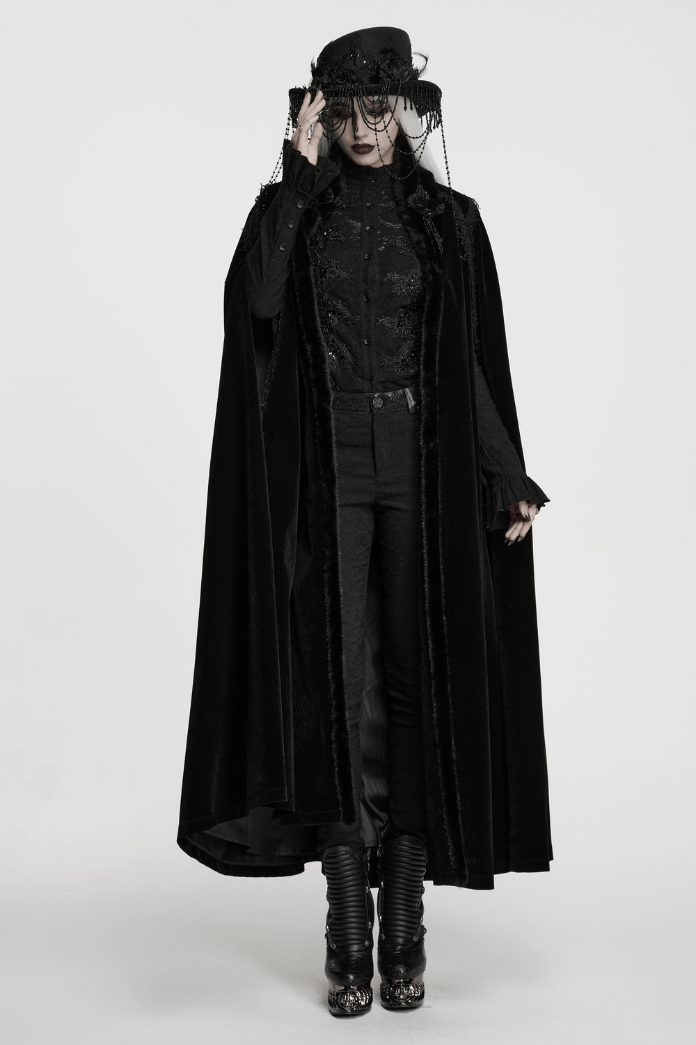 Gothic Velvet Cloak with Wool Collar and Lace Trim worn by a model in a stylish pose.
