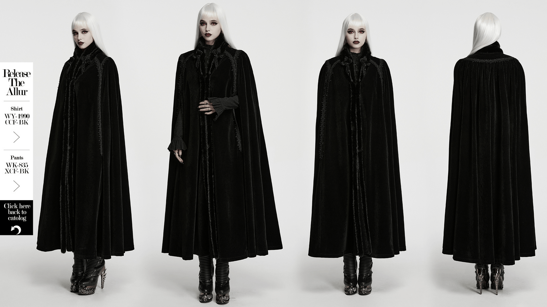 Gothic Velvet Cloak with Wool Collar and Lace Trim showcased on a model in a striking black ensemble.