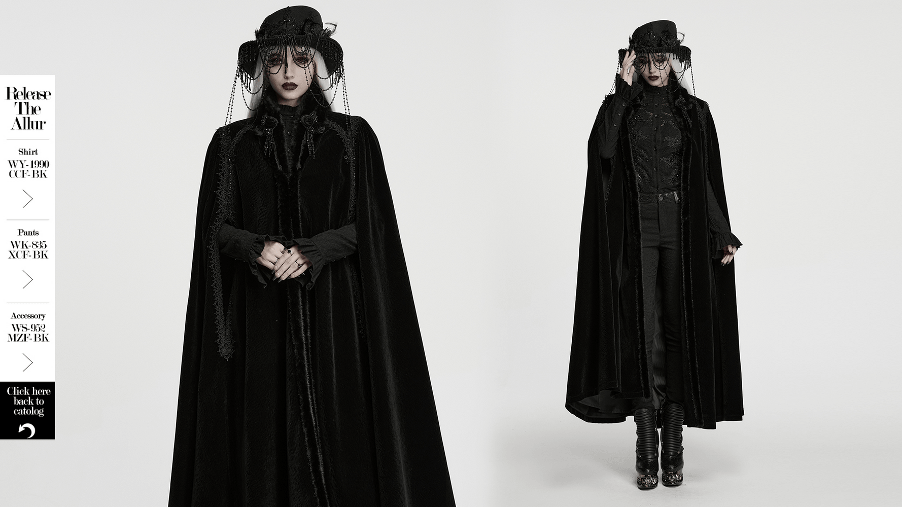 Model wearing Gothic Velvet Cloak with Wool Collar and Lace Trim for a dramatic gothic look.