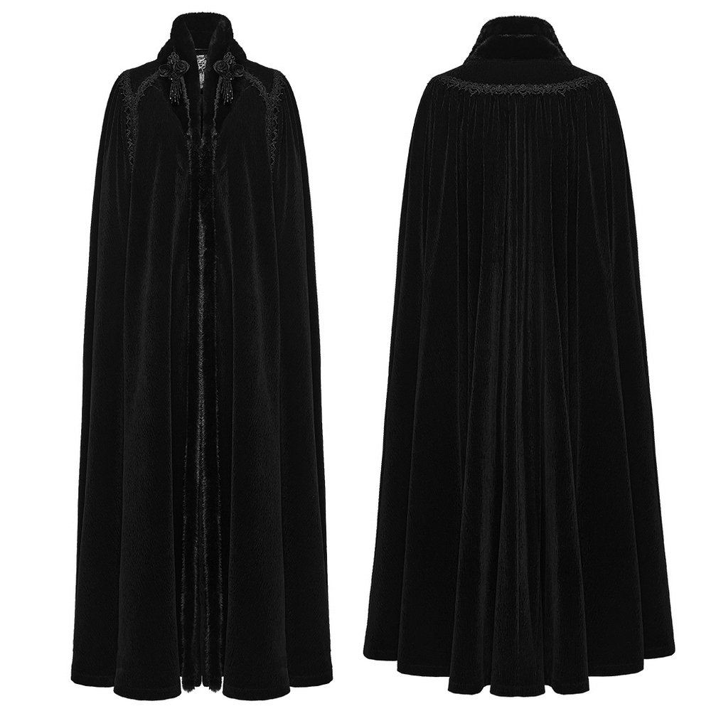 Gothic Velvet Cloak with Wool Collar and Lace Trim in black, displaying elegant design and luxurious texture.