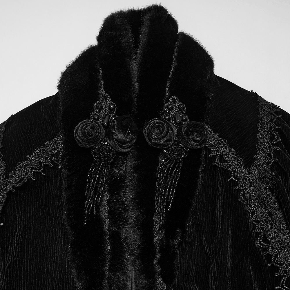 Gothic Velvet Cloak with Wool Collar and Lace Trim showcasing intricate lace and floral details.
