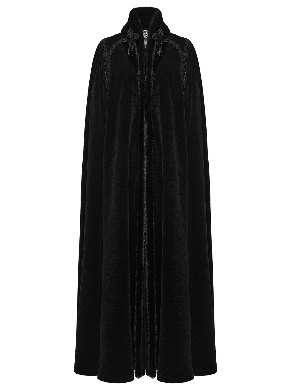 Gothic Velvet Cloak with Wool Collar and Lace Trim displayed on a white background.