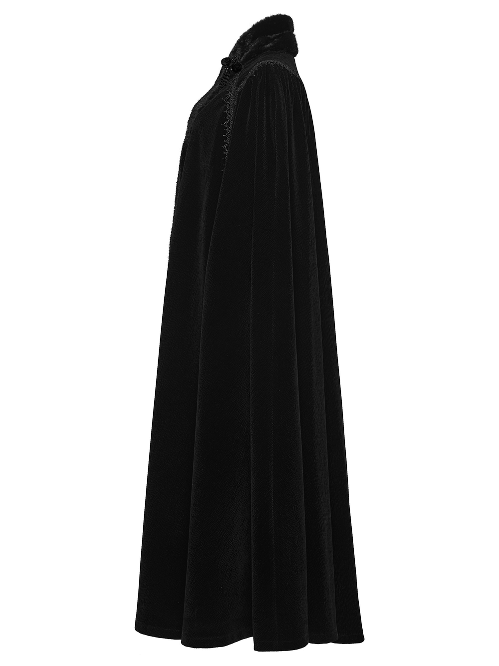 Gothic Velvet Cloak with Wool Collar and Lace Trim side view, showcasing its elegant black design.
