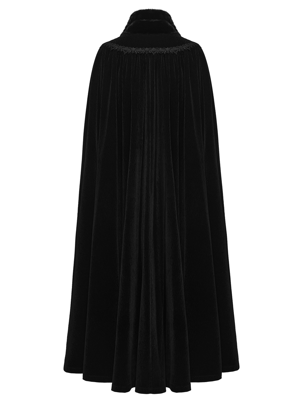 Gothic Velvet Cloak with Wool Collar and Lace Trim elegantly draped from the back, showcasing luxurious fabric.