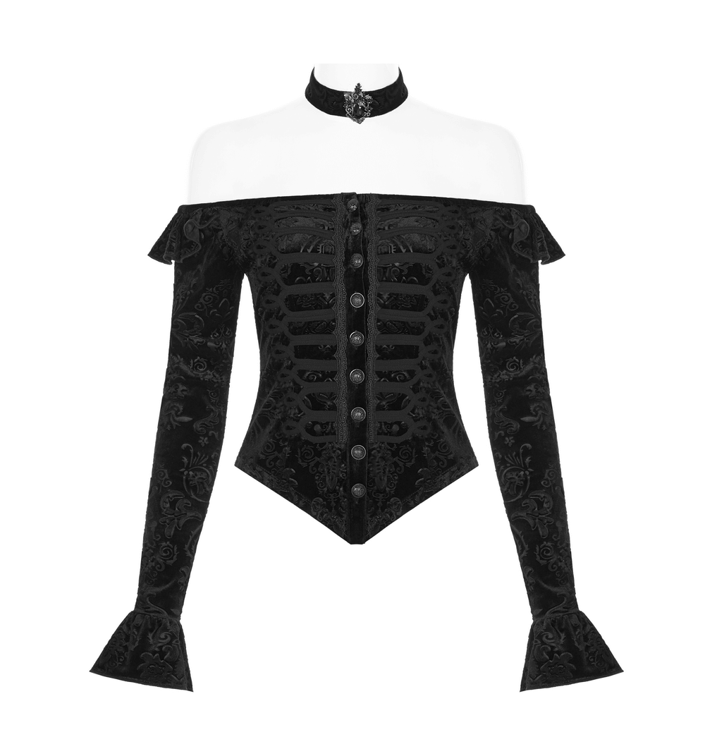 Gothic Velvet Corset Blouse with Embossed Design - HARD'N'HEAVY