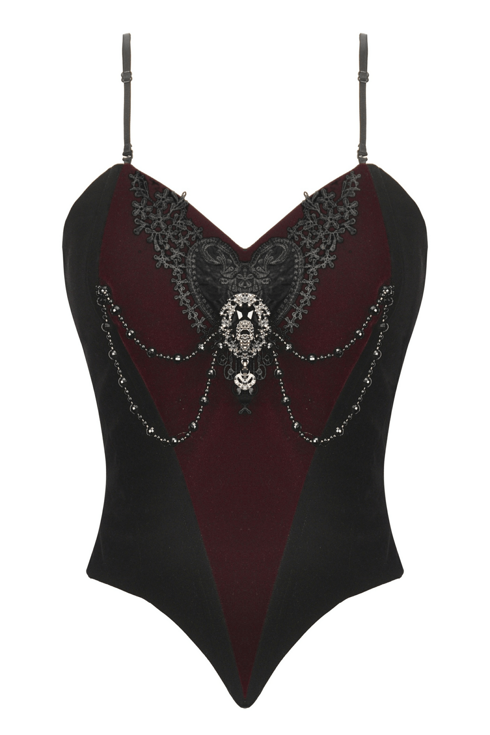 Gothic velvet corset top with lace embroidery and chain details, perfect for alternative fashion and gothic events.