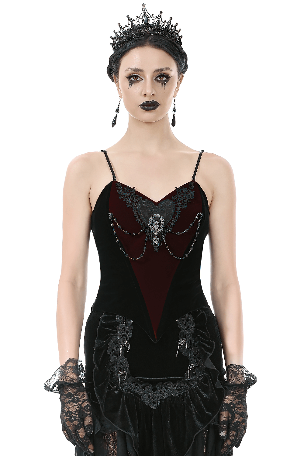 Gothic velvet corset top with lace and chain details, perfect for alternative fashion and gothic elegance.