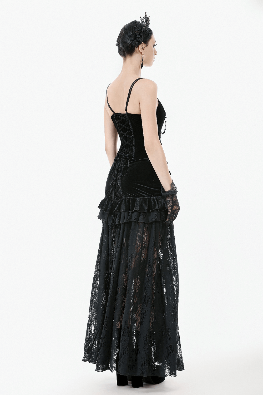 Elegant gothic velvet corset top with lace details and back lacing, paired with a flowing lace skirt.