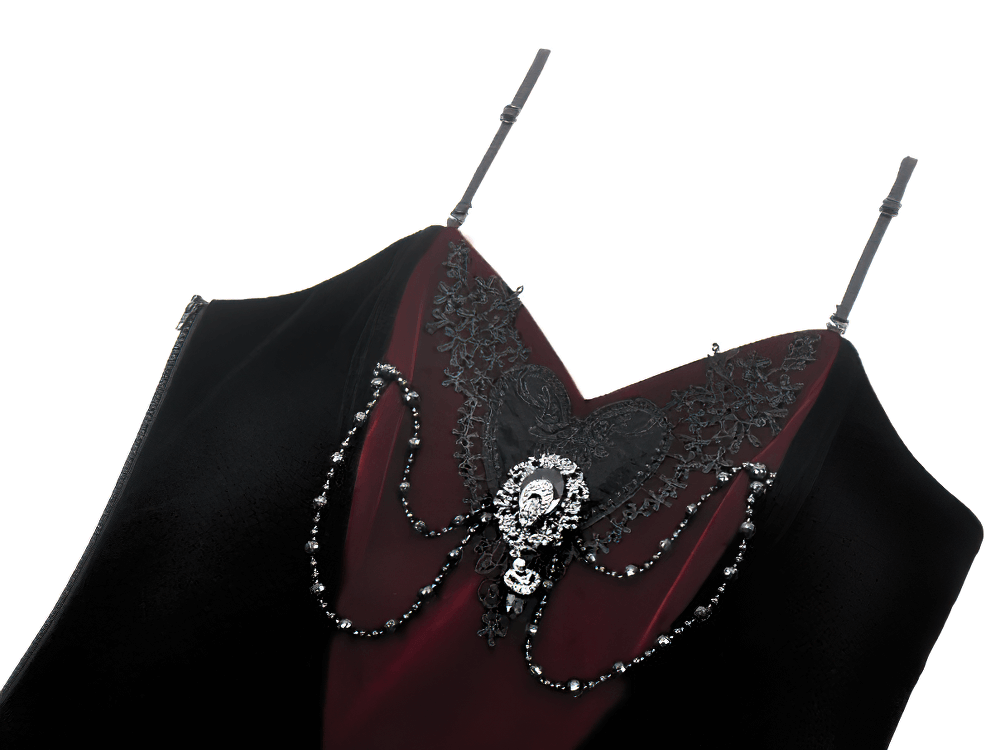 Gothic velvet corset top featuring lace, chain details, and sweetheart neckline in rich black and burgundy.