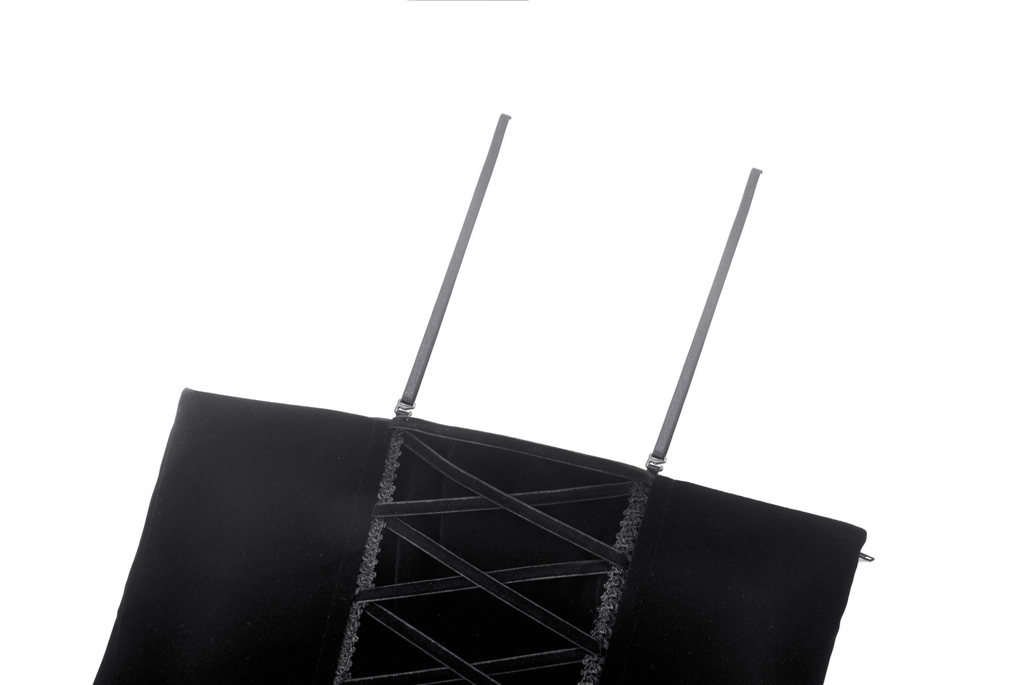 Black velvet corset top with lace detailing and adjustable straps for gothic elegance.