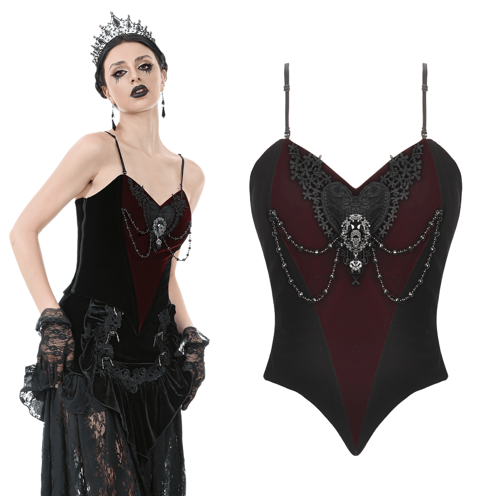 Gothic velvet corset top with lace and chain details, perfect for alternative fashion. Elegant and dramatic design.