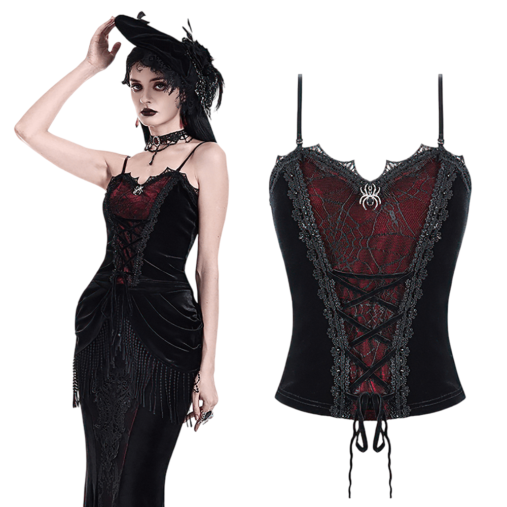 Gothic Velvet Corset Top with Spiderweb Lace and Charm black-burgundy vampire cami with spider charm and lace trim