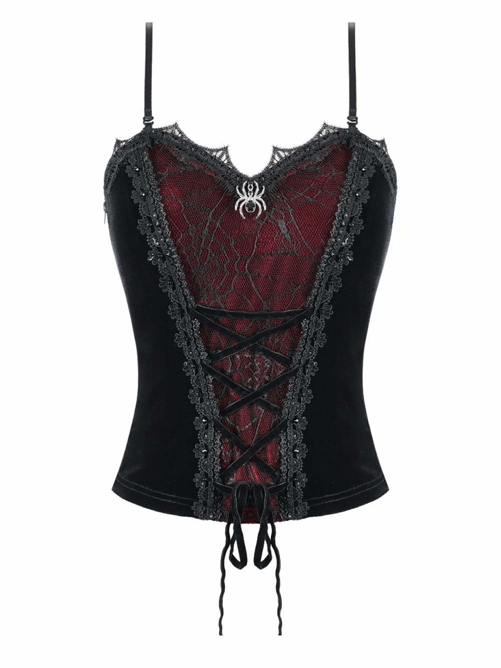 Gothic Velvet Corset Top with Spiderweb Lace and Charm, black velvet camisole with spider charm and lace-up front