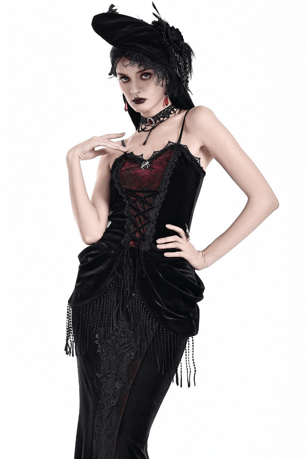 Gothic Velvet Corset Top with Spiderweb Lace and Charm black velvet cami with spider charm and lace trim