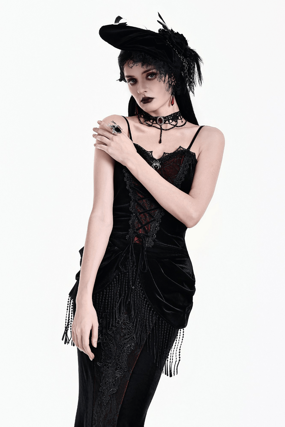 Gothic Velvet Corset Top with Spiderweb Lace and Charm, black velvet camisole with spider charm and lace trim